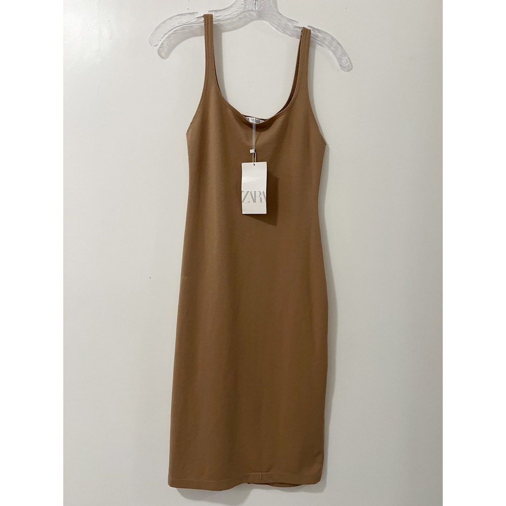 Zara Womens Ribbed Midi Tank Dress Camel Brown Scoop Neck Size M NEW